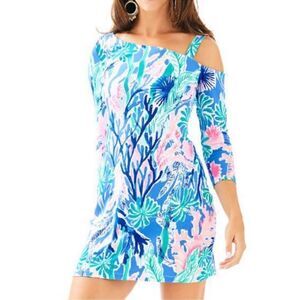 Lilly Pulitzer XS Blue Pink Purple Long Sleeve One Shoulder Shift Dress